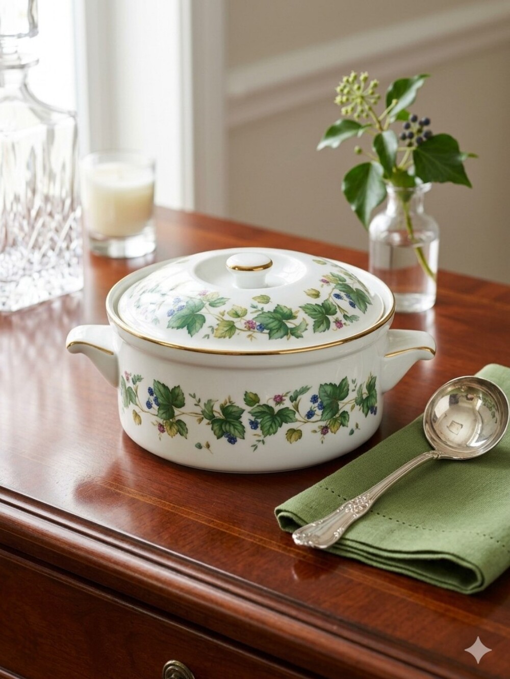 Porcelain‎ Covered Casserole Dish with Green Floral Pattern